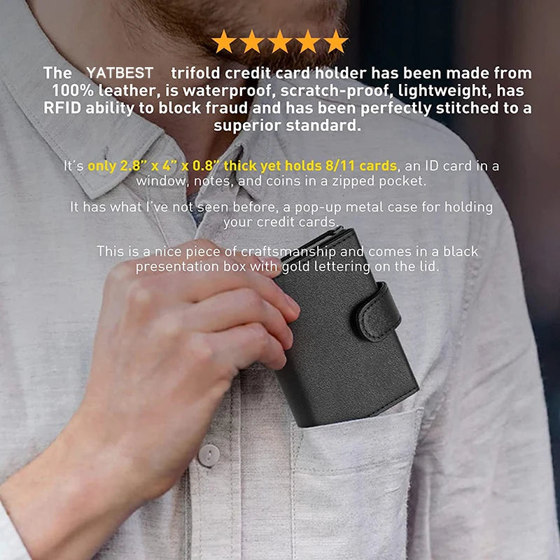 Men’s Genuine Leather RFID Blocking Pop-Up Card Holder Wallet