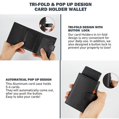 Men’s Genuine Leather RFID Blocking Pop-Up Card Holder Wallet